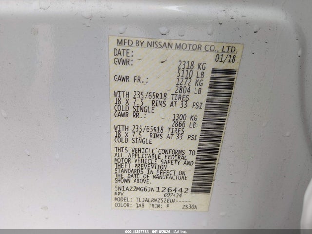 Nissan MURANO SL 2018 5N1AZ2MG6JN126442 Image 9
