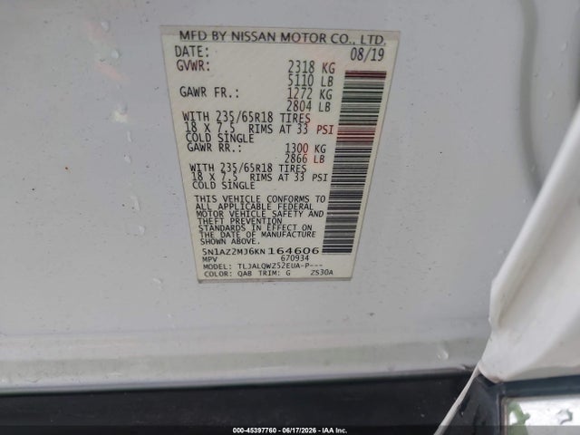 Nissan MURANO SV 2019 5N1AZ2MJ6KN164606 Image 9