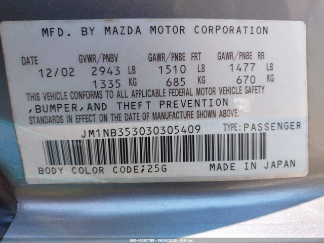 Aukcja sprzedaży 2003 Mazda Mx-5 Miata Cloth/ls/se/shinsen, vin: JM1NB353030305409, numer aukcji: 45397789