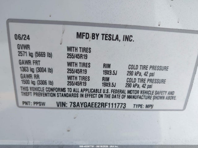 45397791 :رقم المزاد ، 7SAYGAEE2RF111773 vin ، 2024 Tesla Model Y Long Range Dual Motor All-wheel Drive مزاد بيع