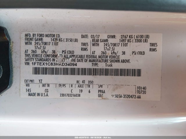 Продажа на аукционе авто 2017 Ford F-150 Xl/xlt, vin: 1FTEX1C83HKD34094, номер лота: 45397818