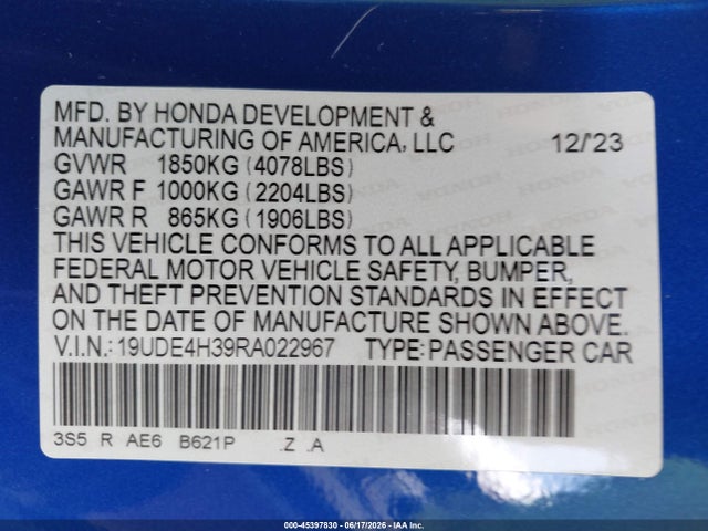 2024 Acura Integra A-spec მანქანა იყიდება აუქციონზე, vin: 19UDE4H39RA022967, აუქციონის ნომერი: 45397830