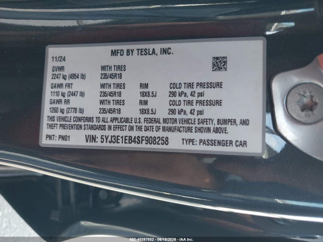 Продаж на аукціоні авто 2025 Tesla Model 3 Long Range All-wheel Drive, vin: 5YJ3E1EB4SF908258, номер лоту: 45397852