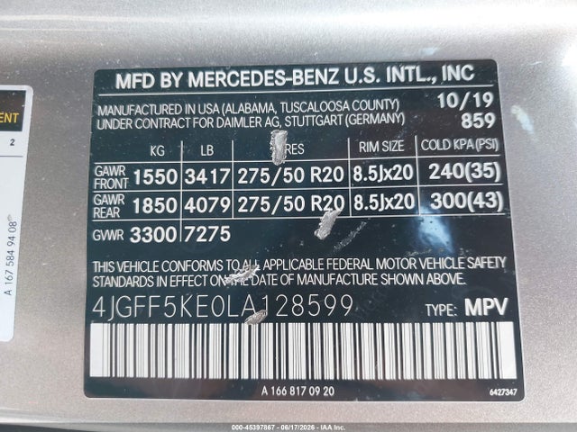45397867 :رقم المزاد ، 4JGFF5KE0LA128599 vin ، 2020 Mercedes-benz Gls 450 4matic مزاد بيع