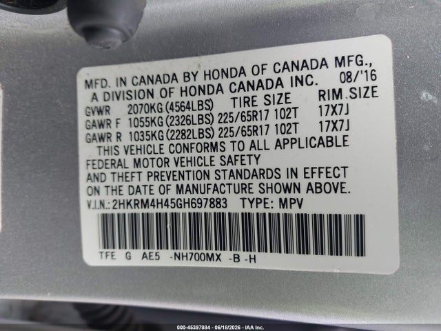 45397884 :رقم المزاد ، 2HKRM4H45GH697883 vin ، 2016 Honda Cr-v Se مزاد بيع