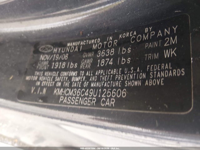 2009 Hyundai Accent Gs მანქანა იყიდება აუქციონზე, vin: KMHCM36C49U125606, აუქციონის ნომერი: 45397894
