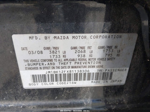 Продаж на аукціоні авто 2008 Mazda Mazda3 I Sport, vin: JM1BK12FX81138306, номер лоту: 45397902