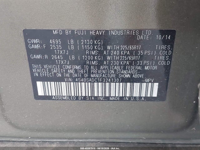 Subaru Outback 2.5i Premium 2015 4S4BSADC1F3241307 Image 9