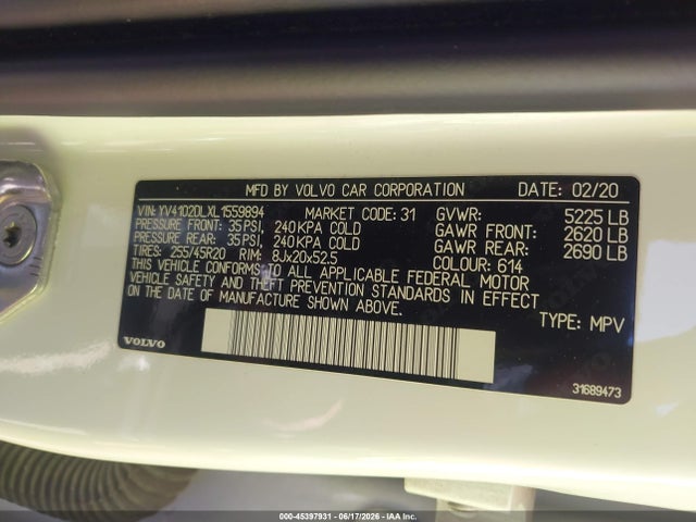 Продажа на аукционе авто 2020 Volvo Xc60 T5 Inscription, vin: YV4102DLXL1559894, номер лота: 45397931