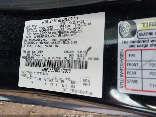 Aukcja sprzedaży 2008 Ford Fusion Se, vin: 3FAHP07Z28R142029, numer aukcji: 45397939