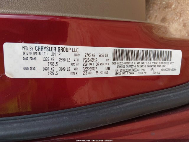 45397966 :رقم المزاد ، 2C4RC1CG8CR412240 vin ، 2012 Chrysler Town & Country Touring-l مزاد بيع