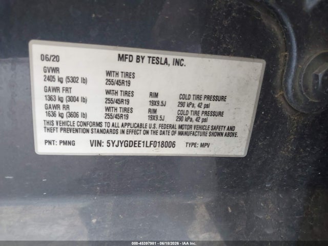 45397981 :رقم المزاد ، 5YJYGDEE1LF018006 vin ، 2020 Tesla Model Y Long Range Dual Motor All-wheel Drive مزاد بيع