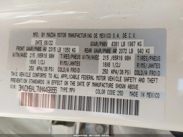 Продажа на аукционе авто 2022 Mazda Cx-30 2.5 S, vin: 3MVDMBAL7NM449866, номер лота: 45397988