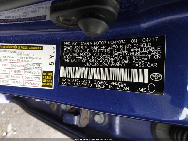 Toyota Prius Two 2017 JTDKBRFU2H3559450 Image 9