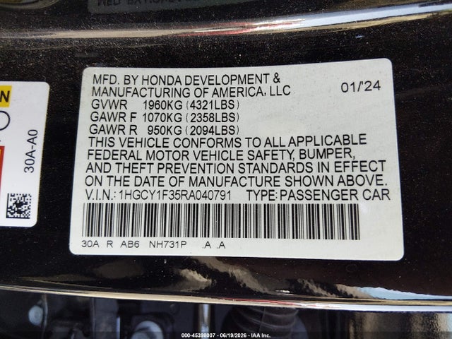 Honda ACCORD EX 2024 1HGCY1F35RA040791 Image 9