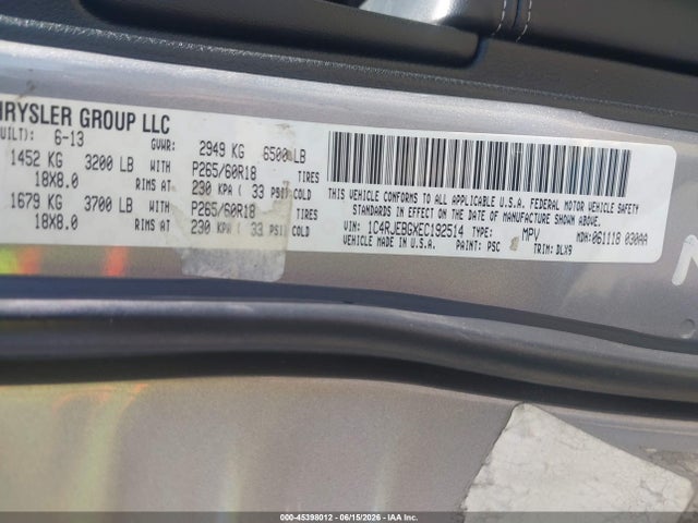 Aukcja sprzedaży 2014 Jeep Grand Cherokee Limited, vin: 1C4RJEBGXEC192514, numer aukcji: 45398012