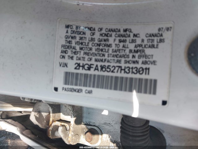 Aukcja sprzedaży 2007 Honda Civic Lx, vin: 2HGFA16527H313011, numer aukcji: 45398013