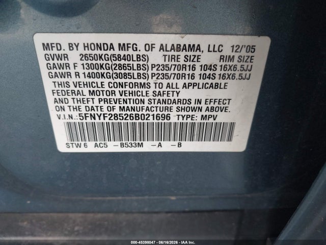 2006 Honda Pilot Ex-l მანქანა იყიდება აუქციონზე, vin: 5FNYF28526B021696, აუქციონის ნომერი: 45398047