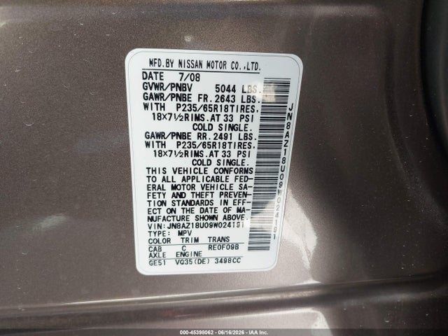 Auction sale of the 2009 Nissan Murano Sl, vin: JN8AZ18U09W024191, lot number: 45398062