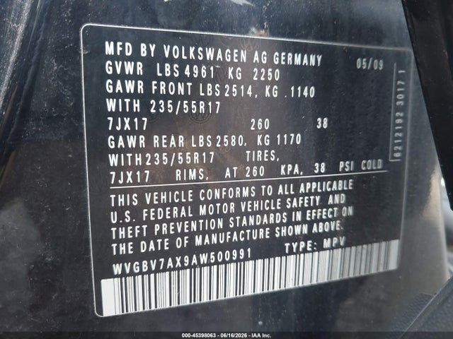 Продаж на аукціоні авто 2010 Volkswagen Tiguan Se, vin: WVGBV7AX9AW500991, номер лоту: 45398063
