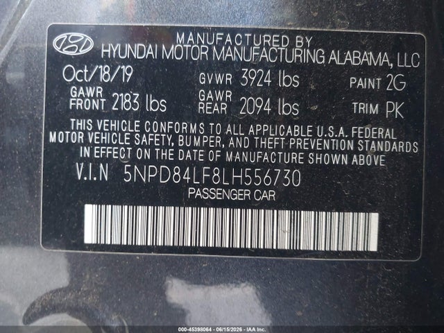 2020 Hyundai Elantra Sel მანქანა იყიდება აუქციონზე, vin: 5NPD84LF8LH556730, აუქციონის ნომერი: 45398064