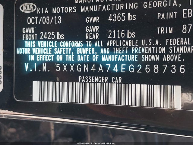Продаж на аукціоні авто 2014 Kia Optima Ex, vin: 5XXGN4A74EG268736, номер лоту: 45398075