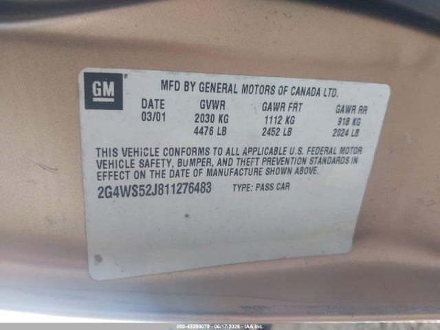 45398079 :رقم المزاد ، 2G4WS52J811276483 vin ، 2001 Buick Century Custom مزاد بيع