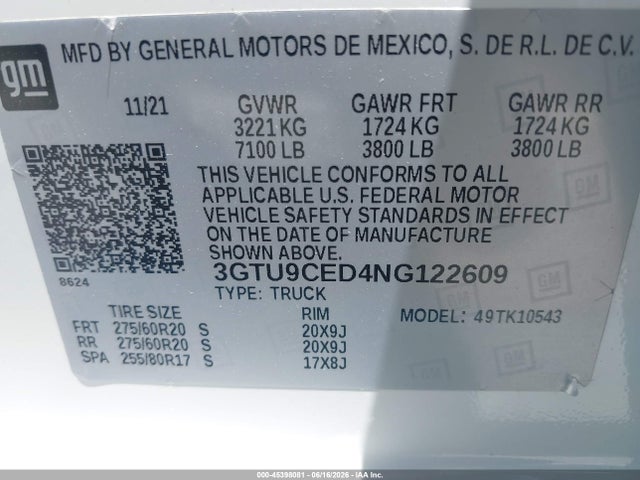 GMC Sierra 1500 Limited 4wd Short Box Elevation 2022 3GTU9CED4NG122609 Image 9