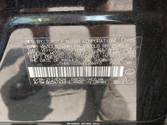 45398093 :رقم المزاد ، JTHBE1D28G5026613 vin ، 2016 Lexus Is 350 مزاد بيع