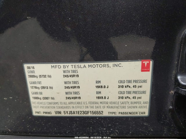 Aukcja sprzedaży 2016 Tesla Model S, vin: 5YJSA1E23GF156552, numer aukcji: 45398094