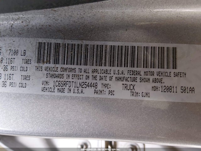 45398119 :رقم المزاد ، 1C6SRFDT1LN254448 vin ، 2020 Ram 1500 Laramie  4x4 6'4 Box مزاد بيع