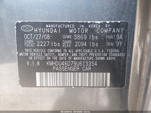 Aukcja sprzedaży 2009 Hyundai Elantra Se, vin: KMHDU46D79U613354, numer aukcji: 45398125