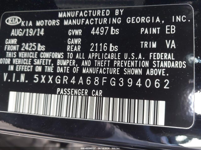 5XXGR4A68FG394062 KIA Optima Sxl Turbo