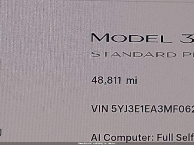 Tesla Model 3 Standard Range Plus Rear-wheel Drive 2021 5YJ3E1EA3MF062182 Image 14
