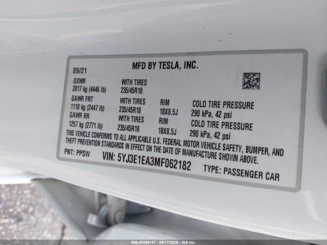 Tesla Model 3 Standard Range Plus Rear-wheel Drive 2021 5YJ3E1EA3MF062182 Image 9