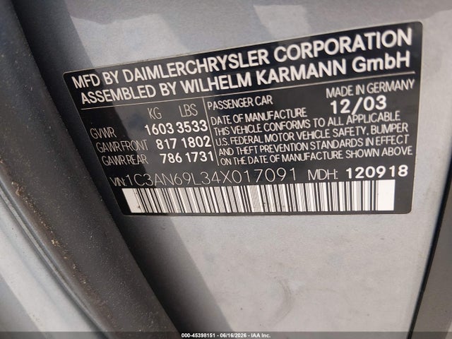 2004 Chrysler Crossfire მანქანა იყიდება აუქციონზე, vin: 1C3AN69L34X017091, აუქციონის ნომერი: 45398151