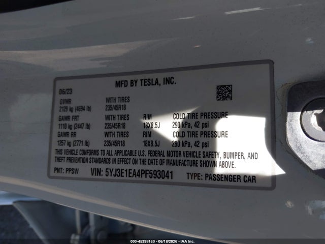 Auction sale of the 2023 Tesla Model 3 Rear-wheel Drive, vin: 5YJ3E1EA4PF593041, lot number: 45398160