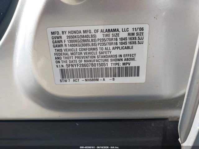 Продаж на аукціоні авто 2007 Honda Pilot Ex-l, vin: 5FNYF28607B015051, номер лоту: 45398161