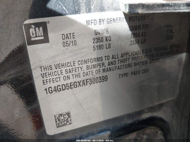 45398162 :رقم المزاد ، 1G4GD5EGXAF300399 vin ، 2010 Buick Lacrosse Cxl مزاد بيع