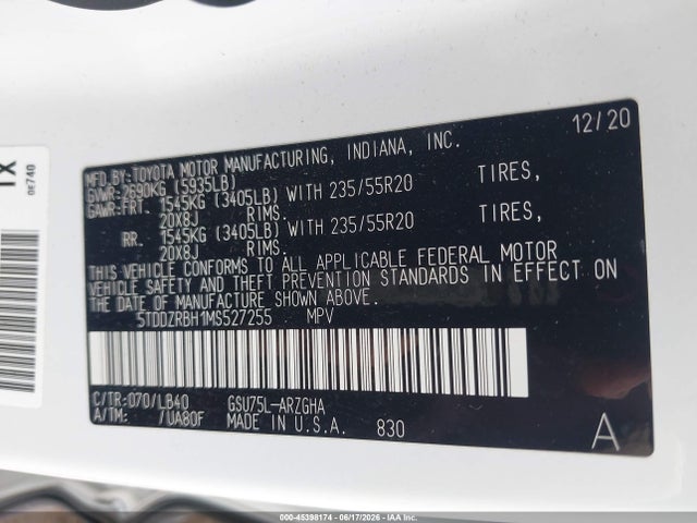 Auction sale of the 2021 Toyota Highlander Limited, vin: 5TDDZRBH1MS527255, lot number: 45398174