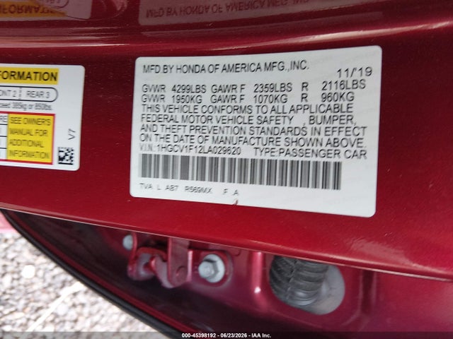 Продажа на аукционе авто 2020 Honda Accord Lx, vin: 1HGCV1F12LA029620, номер лота: 45398192