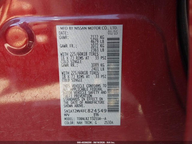 2015 Nissan Rogue Sl მანქანა იყიდება აუქციონზე, vin: 5N1AT2MV4FC824549, აუქციონის ნომერი: 45398200