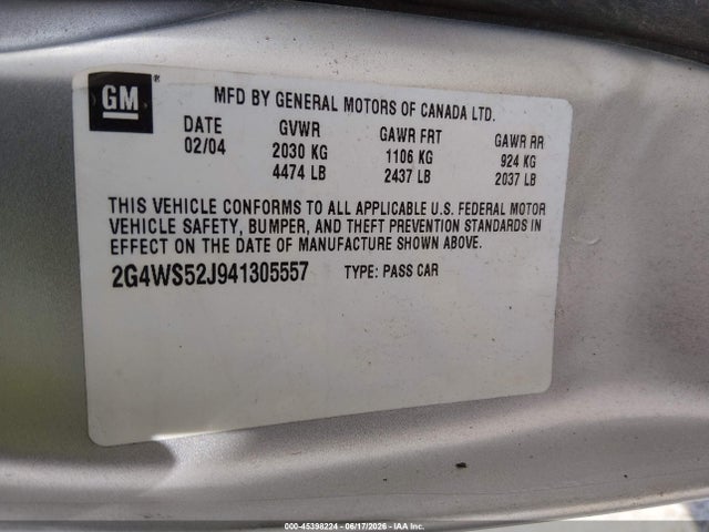 Aukcja sprzedaży 2004 Buick Century, vin: 2G4WS52J941305557, numer aukcji: 45398224