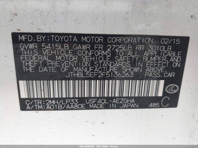 Aukcja sprzedaży 2015 Lexus Ls 460, vin: JTHBL5EF2F5136263, numer aukcji: 45398225