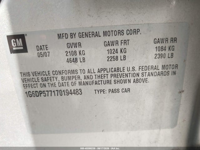 45398239 :رقم المزاد ، 1G6DP577170194483 vin ، 2007 Cadillac Cts Standard مزاد بيع