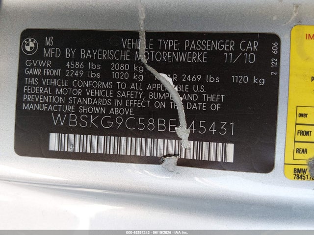 Продажа на аукционе авто 2011 Bmw M3, vin: WBSKG9C58BE645431, номер лота: 45398242