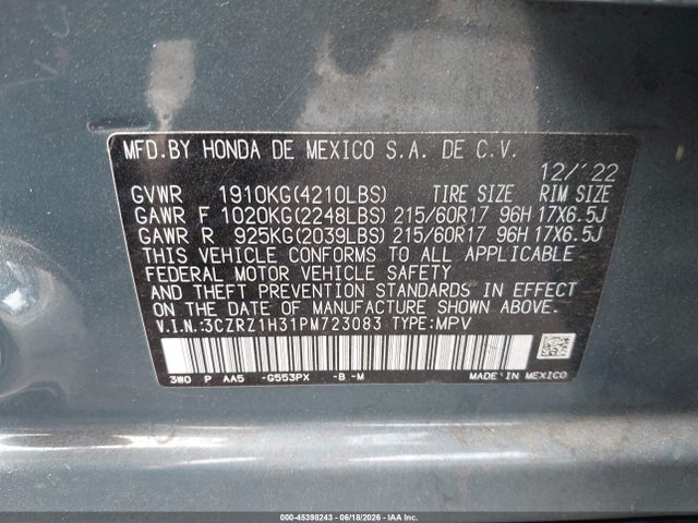3CZRZ1H31PM723083 Honda Hr-v 2wd Lx