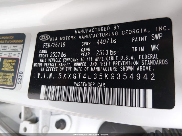 45398256 :رقم المزاد ، 5XXGT4L35KG354942 vin ، 2019 Kia Optima Lx مزاد بيع