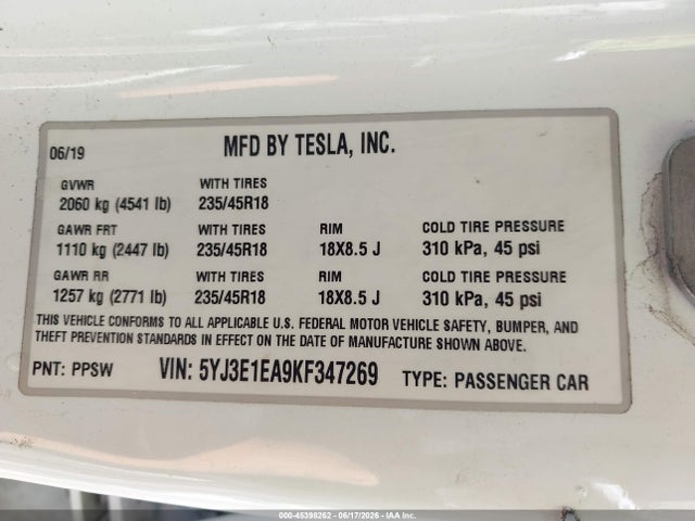 Tesla Model 3 Long Range/mid Range/standard Range/standard Range Plus 2019 5YJ3E1EA9KF347269 Image 9