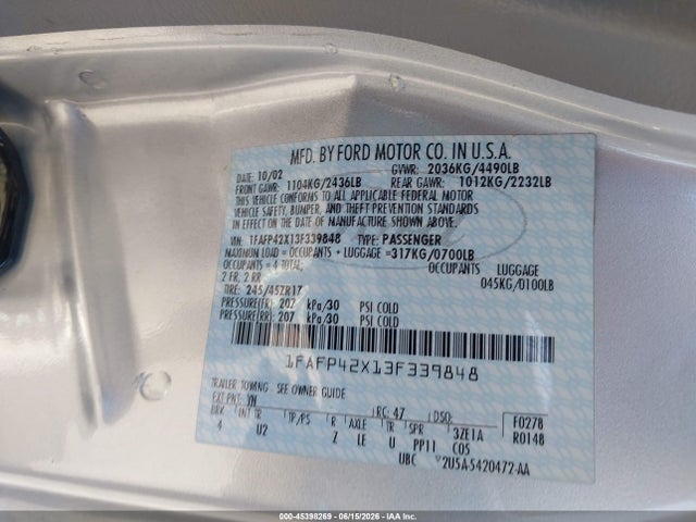 Aukcja sprzedaży 2003 Ford Mustang Gt, vin: 1FAFP42X13F339848, numer aukcji: 45398269